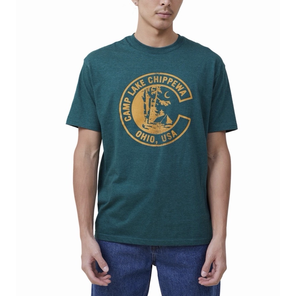 Cotton On Men's Loose Fit Souvenir T-shirt Crew Neck Green Yellow Chippewa Med